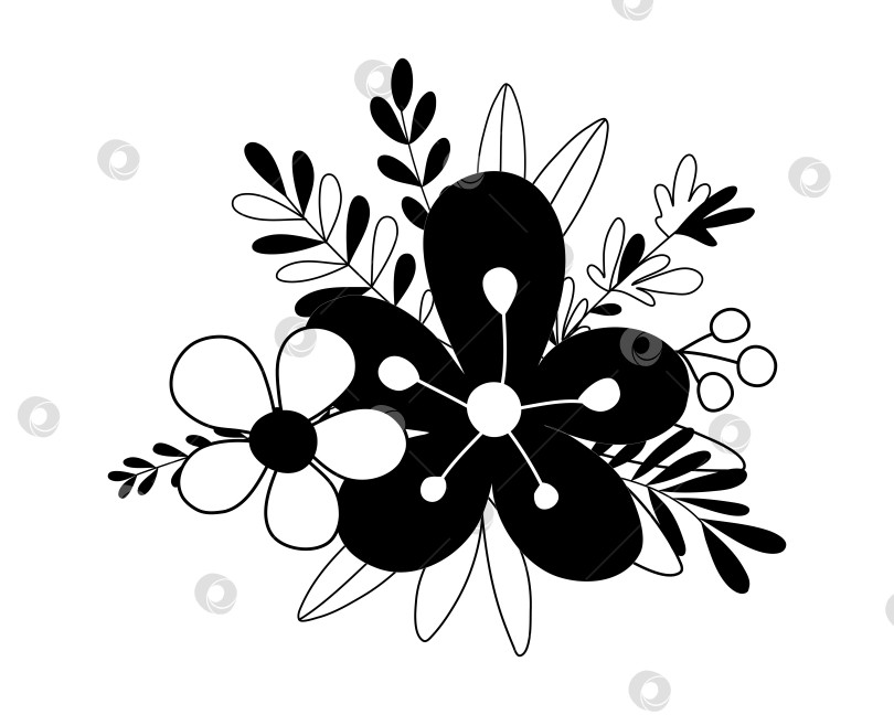 Скачать Нарисованная от руки ветка каракуля с цветами и листьями, выделенными на белом фоне фотосток Ozero