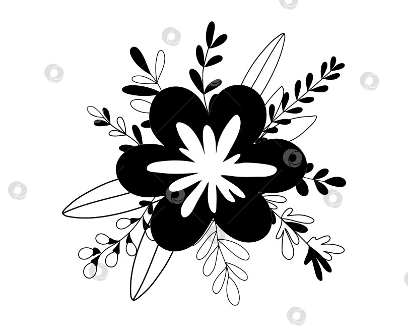 Скачать Нарисованная от руки ветка каракуля с цветами и листьями, выделенными на белом фоне фотосток Ozero