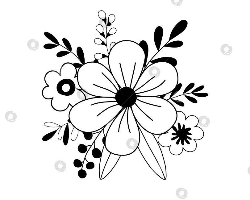 Скачать Нарисованная от руки ветка каракуля с цветами и листьями, выделенными на белом фоне фотосток Ozero