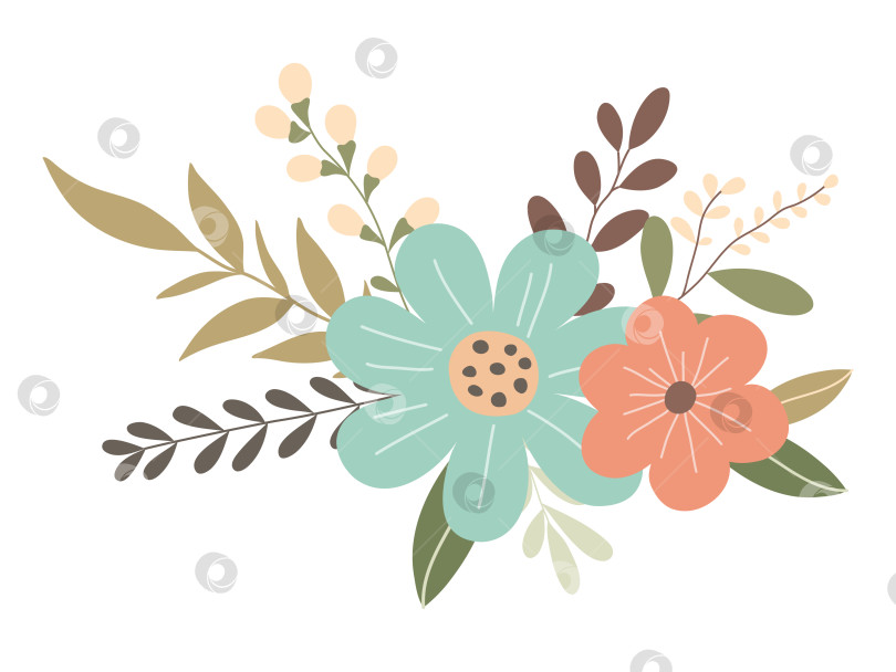 Скачать Нарисованная от руки ветка с цветами и листьями, выделенными на белом фоне фотосток Ozero