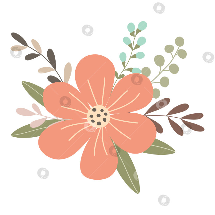 Скачать Нарисованная от руки ветка с цветами и листьями, выделенными на белом фоне фотосток Ozero