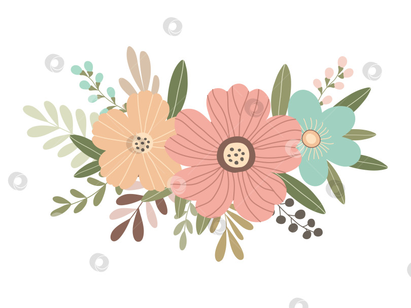 Скачать Нарисованная от руки ветка с цветами и листьями, выделенными на белом фоне фотосток Ozero