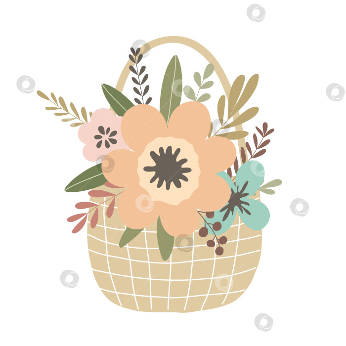 Скачать Нарисованная вручную плетеная корзина с цветами и листьями, выделенными на белом фоне фотосток Ozero