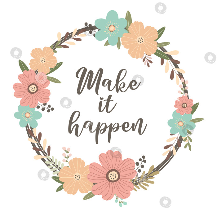 Скачать Нарисованный от руки венок с цветами и листьями, выделенными на белом фоне фотосток Ozero