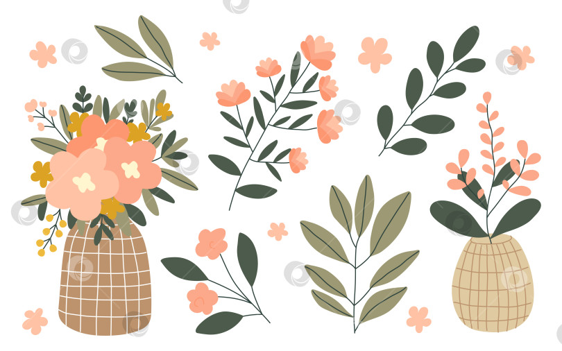 Скачать Нарисованные вручную лимоны, плетеная корзина, цветы, ваза, листья, ветка, набор венков, изолированные на белом фоне фотосток Ozero