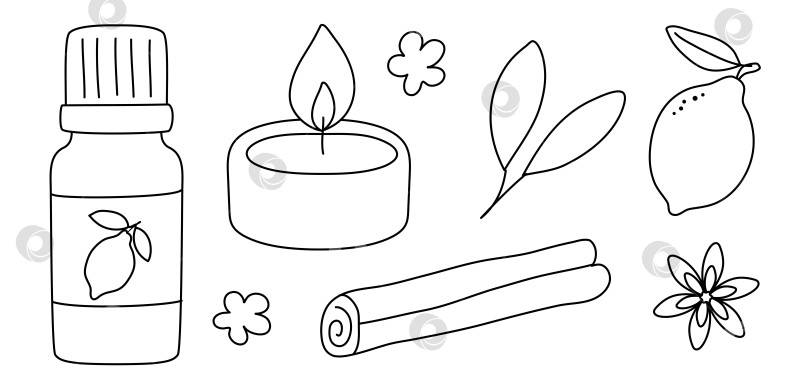 Скачать Чайная свеча с нарисованными от руки каракулями, лимон, корица, анис, цветок, эфирное масло, цитрусовые на белом фоне фотосток Ozero