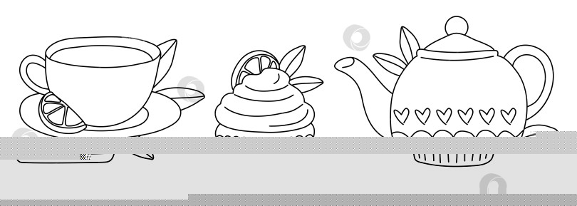 Скачать Кекс с нарисованными от руки каракулями, чайник, набор чайных чашек с ломтиком лимона на белом фоне фотосток Ozero