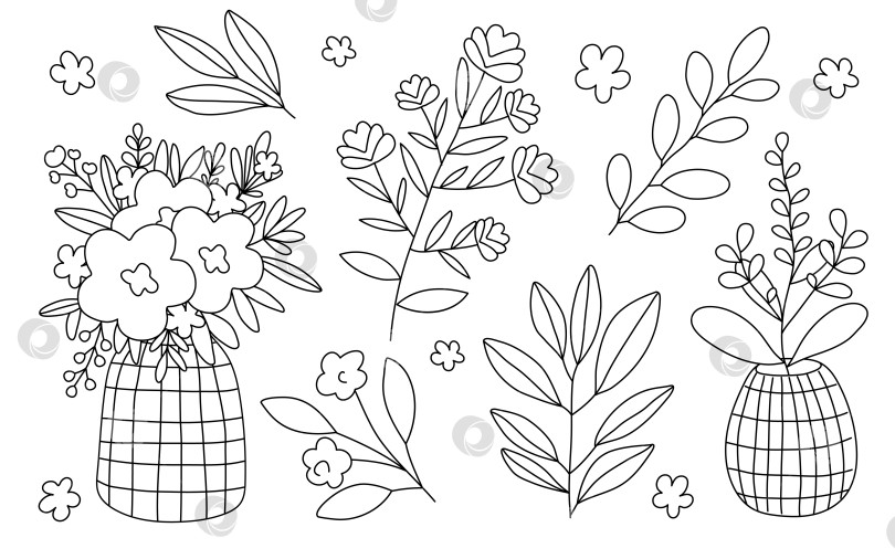 Скачать Нарисованные вручную лимоны, цветы, ваза, листья, ветка, венок, выделенные на белом фоне фотосток Ozero