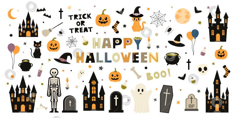 Скачать Набор элементов для Хэллоуина. Для наклеек, открыток, поздравительных открыток, флаеров, плакатов, интернета и т.д. фотосток Ozero