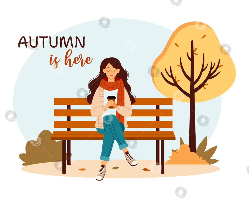 Скачать Осень уже здесь. Девушка сидит на скамейке с чашкой кофе, осеннее настроение. Плоская векторная иллюстрация фотосток Ozero