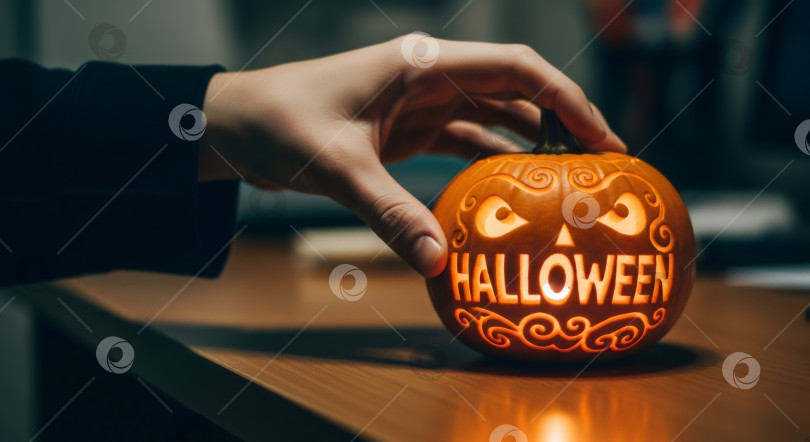 Скачать Мужчина держит в руках тыкву на Хэллоуин, светящуюся изнутри, демонстрируя жуткое праздничное украшение на столе. фотосток Ozero