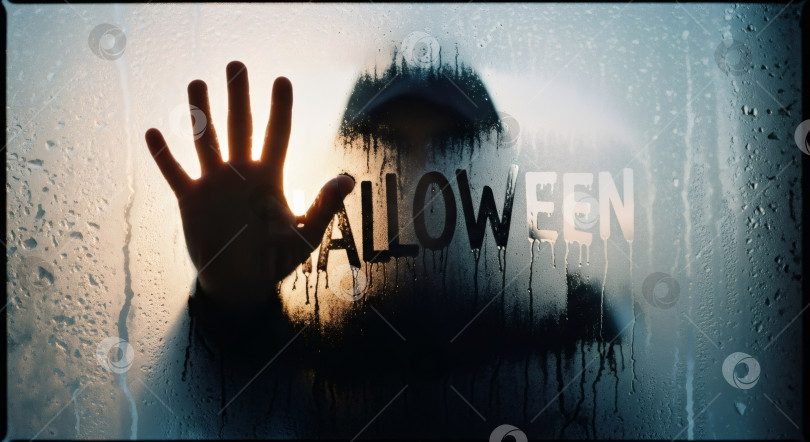 Скачать Силуэт мужчины, держащего руку на запотевшем окне с надписью "Хэллоуин". Таинственный осенний праздник. фотосток Ozero