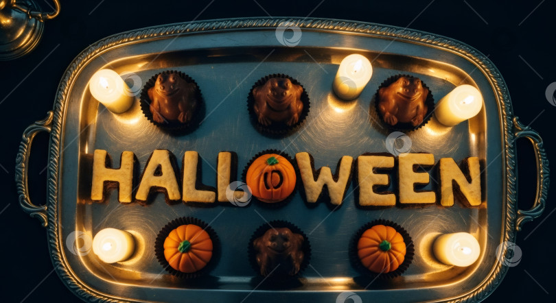 Скачать Печенье на Хэллоуин с надписью "Хэллоуин" на серебряном подносе со свечами и шоколадными конфетами-лягушками. Жуткий праздник. фотосток Ozero