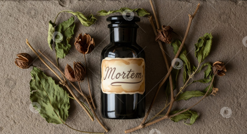 Скачать Темная винтажная бутылка с надписью "mortum", украшенная сушеными листьями и стручками семян для Хэллоуина, мрачной академии и ботанических концепций. фотосток Ozero