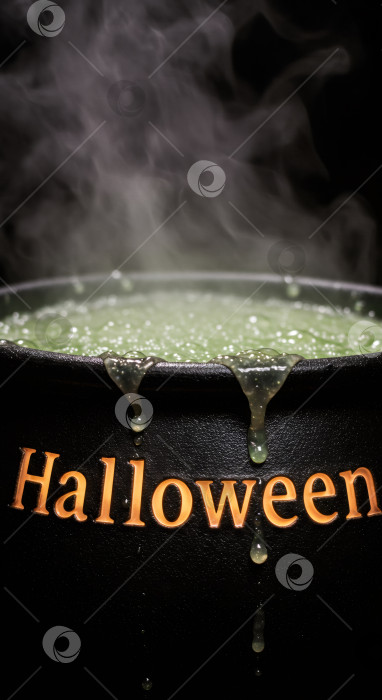 Скачать Зеленое пузырящееся зелье в котле для Хэллоуина, от которого поднимается дым. фотосток Ozero