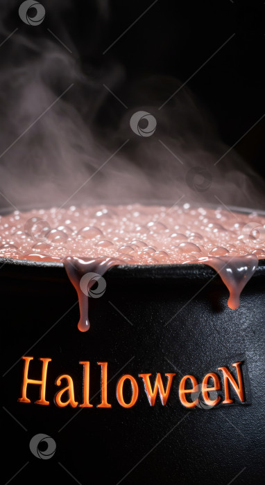 Скачать Крупный план жуткого ведьминого котла со светящейся надписью "Хэллоуин" внизу. Котел бурлит и переполняется таинственной, дымящейся, пузырящейся жидкостью, фотосток Ozero