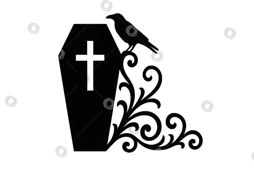 Скачать Силуэт гроба на Хэллоуин с декоративными завитками и изображением ворона, выделенный на прозрачном фоне. фотосток Ozero