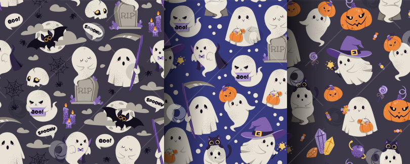 Скачать Забавный бесшовный узор на Хэллоуин с привидениями, тыквами, сладостями, шляпами ведьм, летучими мышами и надгробными плитами. Плоский дизайн фона для текстиля, подарочной упаковки, декора вечеринок и праздничного оформления фотосток Ozero
