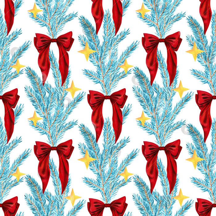 Скачать Seamless hand-drawn watercolor pattern with blue spruce branches and red bows on a white background. For Christmas and New Year textile and packaging design фотосток Ozero