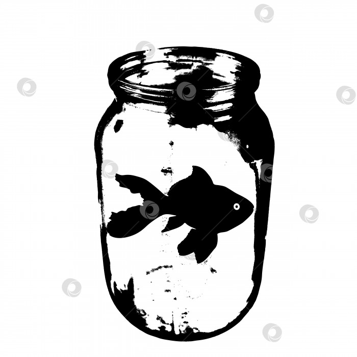 Скачать Черный силуэт аквариумной рыбки в банке с водой на белом фоне фотосток Ozero