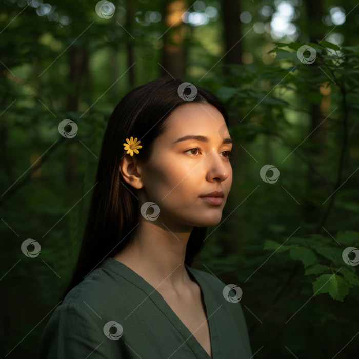 Скачать Молодая женщина с цветком в волосах в лесу фотосток Ozero