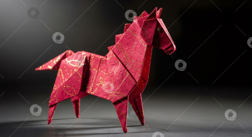 Скачать Красная лошадка оригами с золотыми крапинками, символ нового 2026 года. Традиционное искусство оригами из бумаги фотосток Ozero