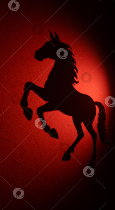 Скачать Тень вставшей на дыбы лошади на красной стене с эффектом прожектора. Силуэт мистического животного для zodiac, фотосток Ozero