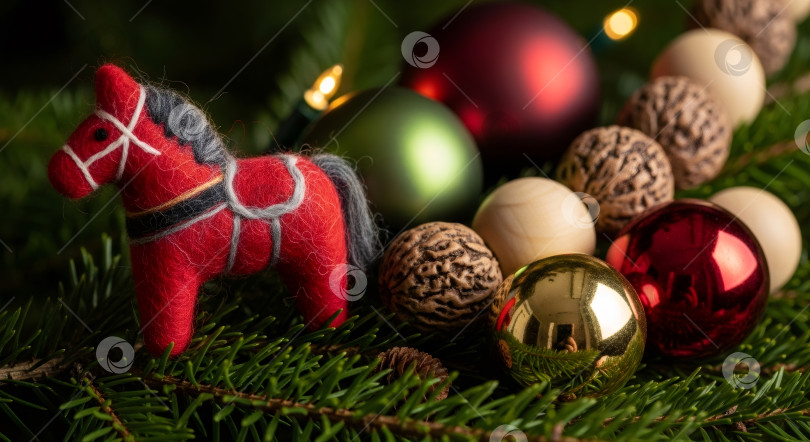 Скачать Рождественское украшение в виде красной лошади дала с праздничными орнаментами на сосновой ветке фотосток Ozero
