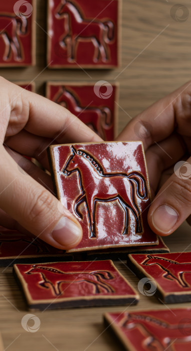 Скачать Человеческая рука держит красную керамическую плитку с изображением лошади. Символический предмет для рождественского, новогоднего декора и подарка. фотосток Ozero