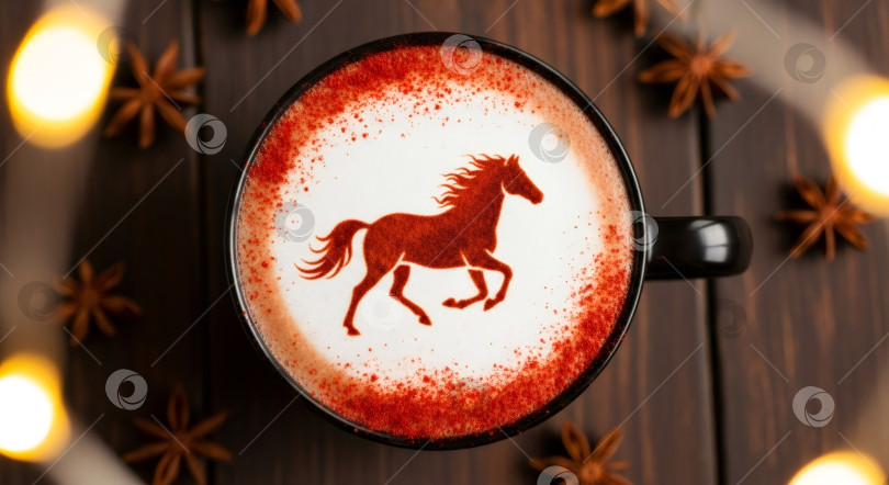 Скачать Кофейная чашка с изображением лошади для латте арт. Символ красной лошади на напитке для китайского Нового года, Рождества фотосток Ozero