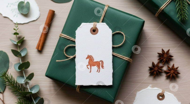 Скачать Упакованная подарочная коробка с биркой в виде лошади и натуральными элементами декора. фотосток Ozero