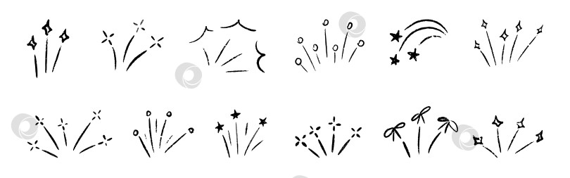 Скачать Набор для рисования каракулей "Взрыв конфетти". Нарисуйте праздничный сюрприз- эффект взрыва фейерверка с мигающей звездой, бантом, искрами от фейерверка. Векторная иллюстрация нарисованного от руки праздничного декора для вечеринки фотосток Ozero
