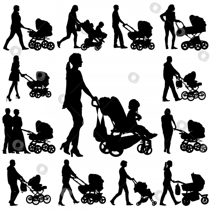 Скачать Установите черные силуэты семьи с детской коляской на белом фоне. Векторная иллюстрация фотосток Ozero
