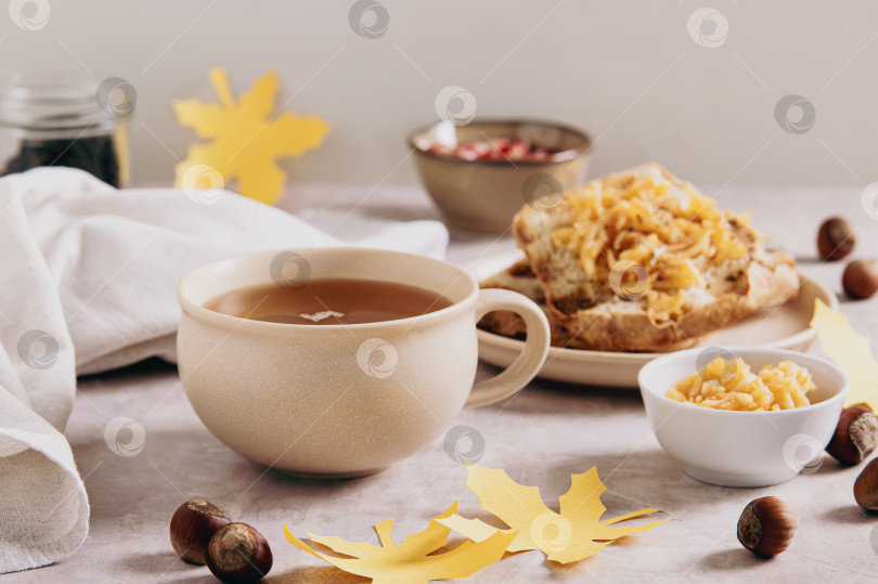 Скачать Осенний чай в чашке с яблочными гренками на тарелке на столе фотосток Ozero