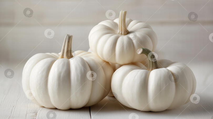 Скачать Красивая композиция из трех Белых тыкв на Светлом фоне, подчеркивающая их Уникальную форму и текстуру, служит источником вдохновения для сезонного декора. фотосток Ozero