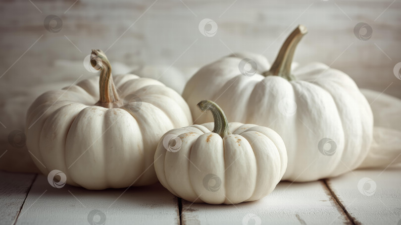 Скачать Очаровательное трио белых тыкв, изображенных на деревянной поверхности в деревенском стиле, передает суть осеннего декора и сезонной эстетики праздничных торжеств. фотосток Ozero