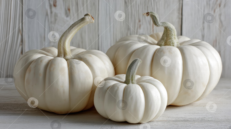 Скачать Красивая композиция из Белых тыкв, Демонстрирующих Свои уникальные формы и текстуру На деревянном фоне в деревенском стиле фотосток Ozero