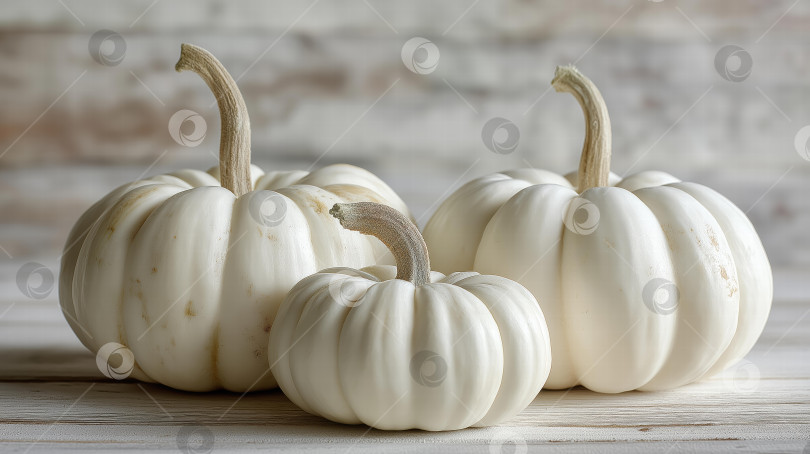 Скачать Очаровательная композиция из белых тыкв на мягком нейтральном фоне, передающая суть осеннего декора и сезонной тематики сбора урожая. фотосток Ozero