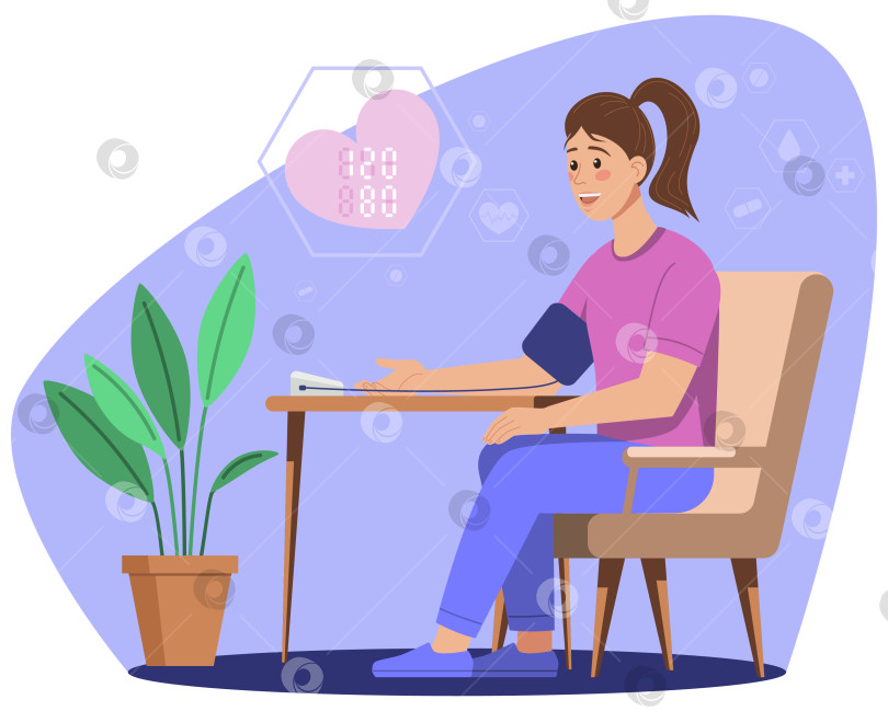 Скачать Молодая женщина измеряет кровяное давление дома фотосток Ozero