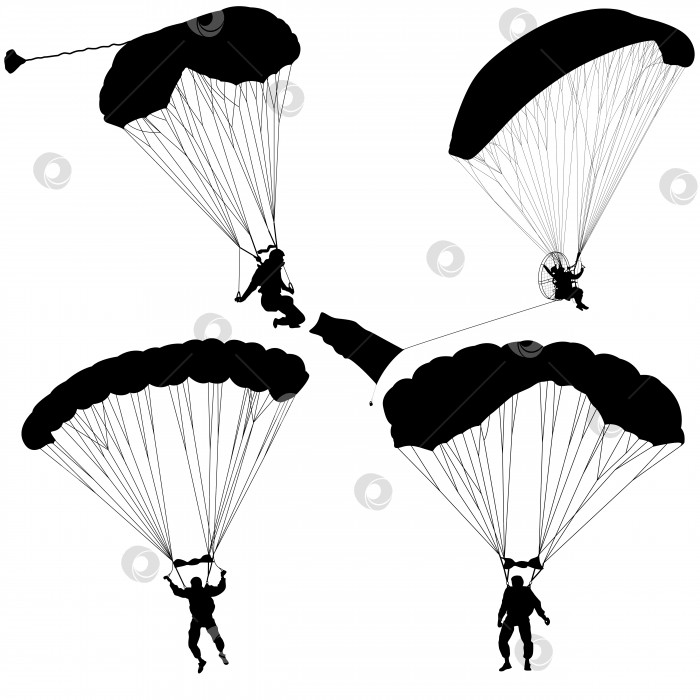 Скачать Набор парашютистов, силуэты, прыгающие с парашютом векторная иллюстрация фотосток Ozero