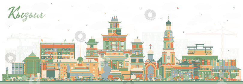 Скачать Кызыл. Россия. Городской пейзаж с цветными зданиями. Иллюстрация. Панорама Кызыла с достопримечательностями. фотосток Ozero