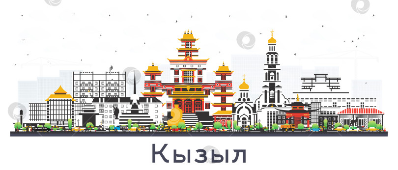 Скачать Кызыл. Россия. Городской пейзаж с цветными зданиями на белом фоне. Иллюстрация. Панорама Кызыла с достопримечательностями. фотосток Ozero