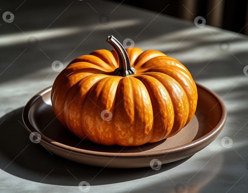 Скачать Тыква на День благодарения на глиняной тарелке в стиле минимализма фотосток Ozero