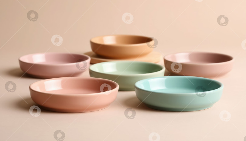 Скачать Плоские пастельные чаши На бежевом фоне, Минималистичный вид сверху фотосток Ozero