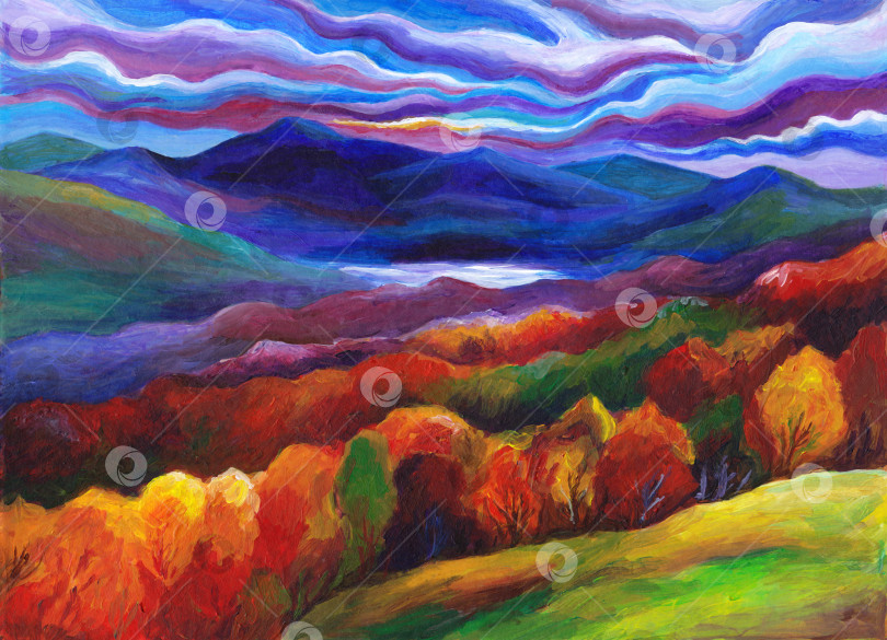 Скачать Сюрреалистическая картина осеннего пейзажа с горами, облаками, закатом, лесом и озером. Красочное фантазийное акриловое произведение ручной росписи. фотосток Ozero