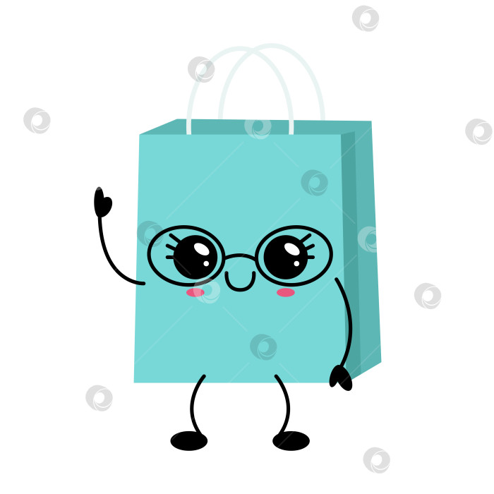 Скачать Персонаж кавайной сумки для покупок в очках, улыбающийся и машущий рукой, идеально подходит для милых дизайнерских проектов фотосток Ozero