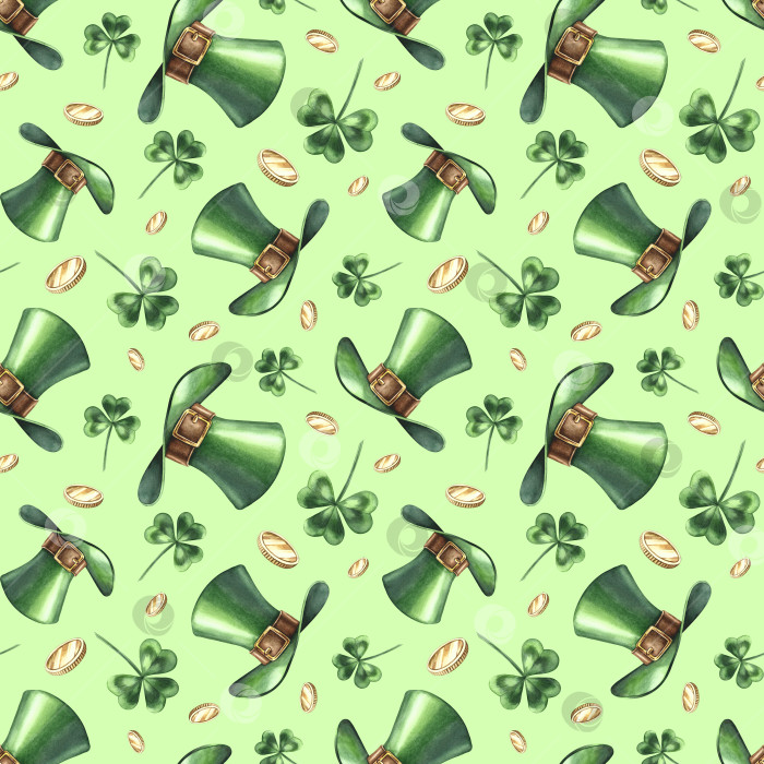 Скачать Бесшовный узор с зелеными шляпами лепреконов, трилистниками клевера и монетами. Ручная акварельная иллюстрация. Ко Дню Святого Патрика. Для текстиля, оберточной бумаги, упаковки, праздничного декора и многого другого. фотосток Ozero