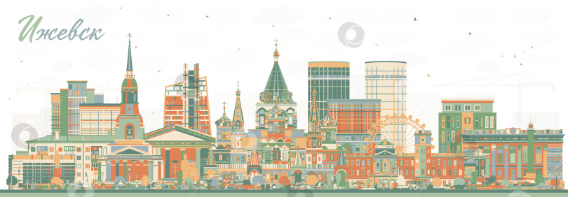 Скачать Ижевск. Россия. Городской пейзаж с цветными зданиями. Иллюстрация. Панорама Ижевска с достопримечательностями. фотосток Ozero