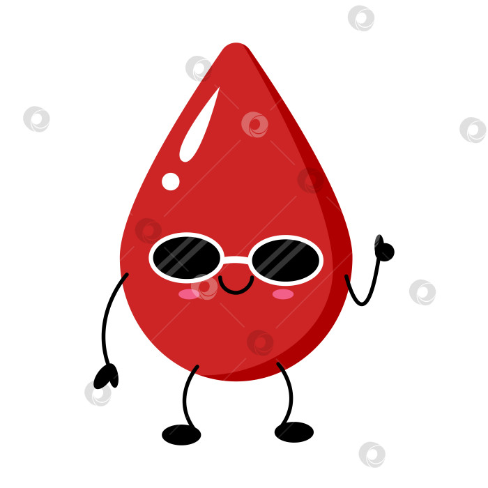 Скачать Кавайный персонаж в виде капли крови в солнцезащитных очках, улыбающийся и весело машущий рукой фотосток Ozero