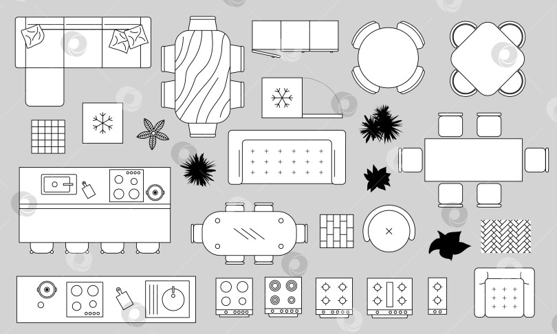 Скачать Дизайнерский набор кухонной мебели с различными вариантами расстановки столов и сидячих мест в современном стиле фотосток Ozero